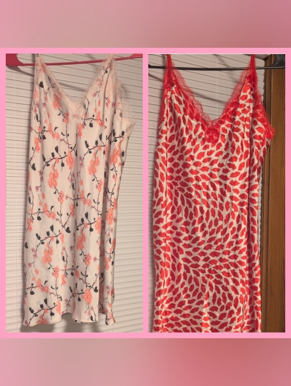 Victoria's Secret Two-Piece Satin Lace Trim Slip Set - Coral/White & Coral Print
